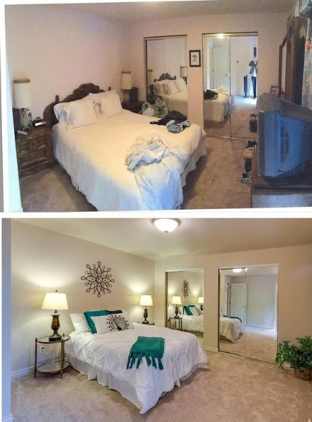 Transformação de quarto com decoração organizada e detalhes em verde.