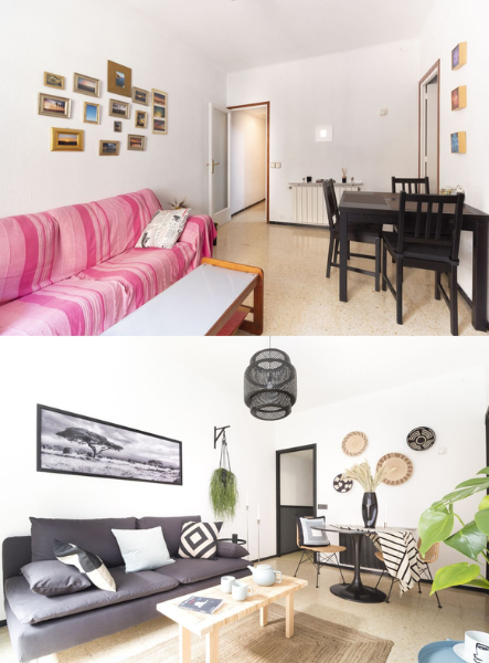Transformação de sala de estar com estilo boho e decoração moderna.