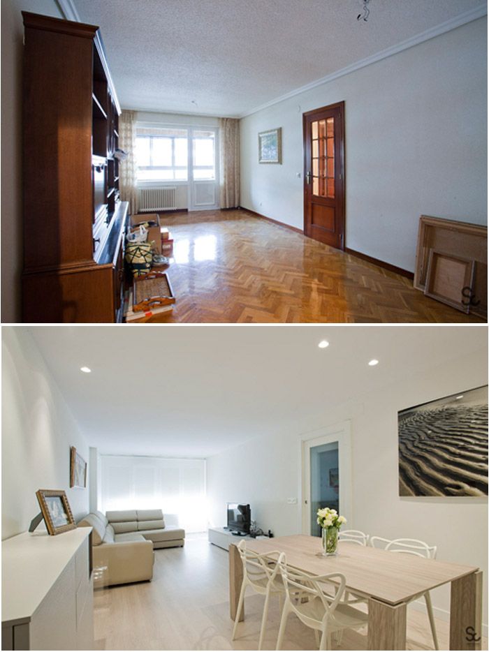Transformação de sala de estar com piso de parquet para um ambiente moderno.