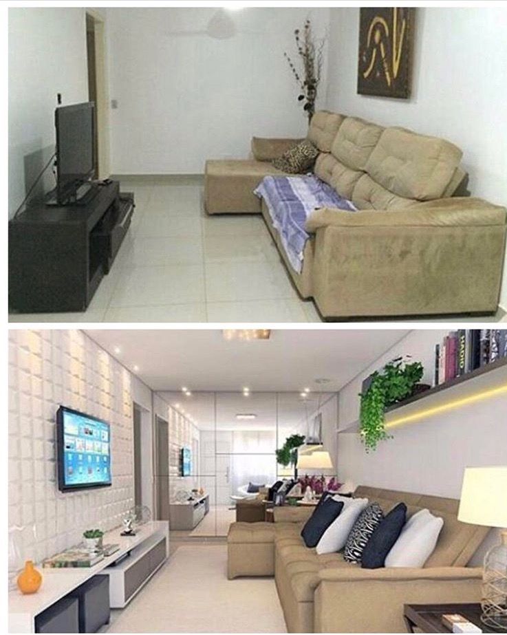 Transformação de sala de estar com parede 3D e espelhos.