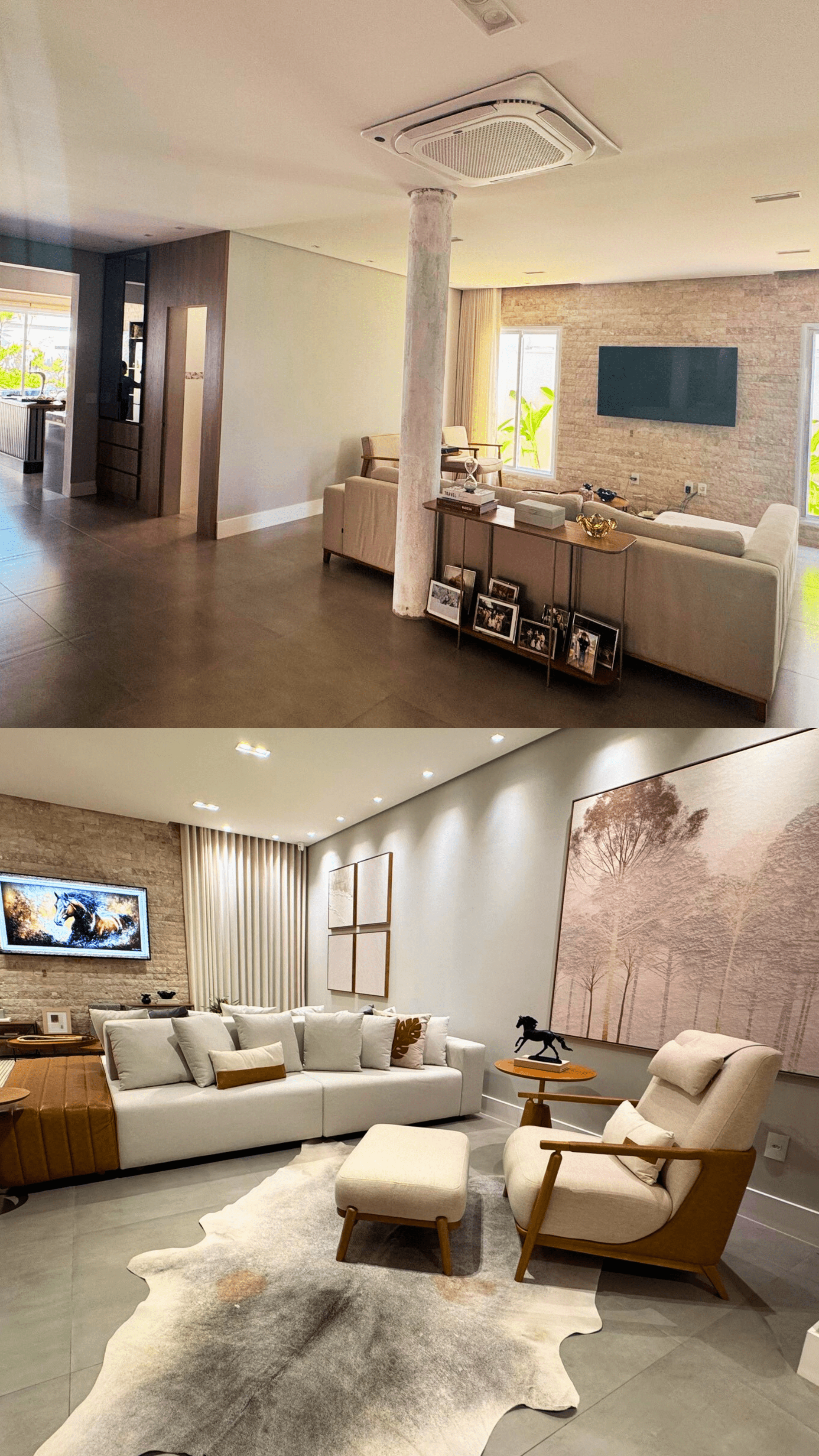 Transformação de sala de estar com parede de pedra e sofá branco.